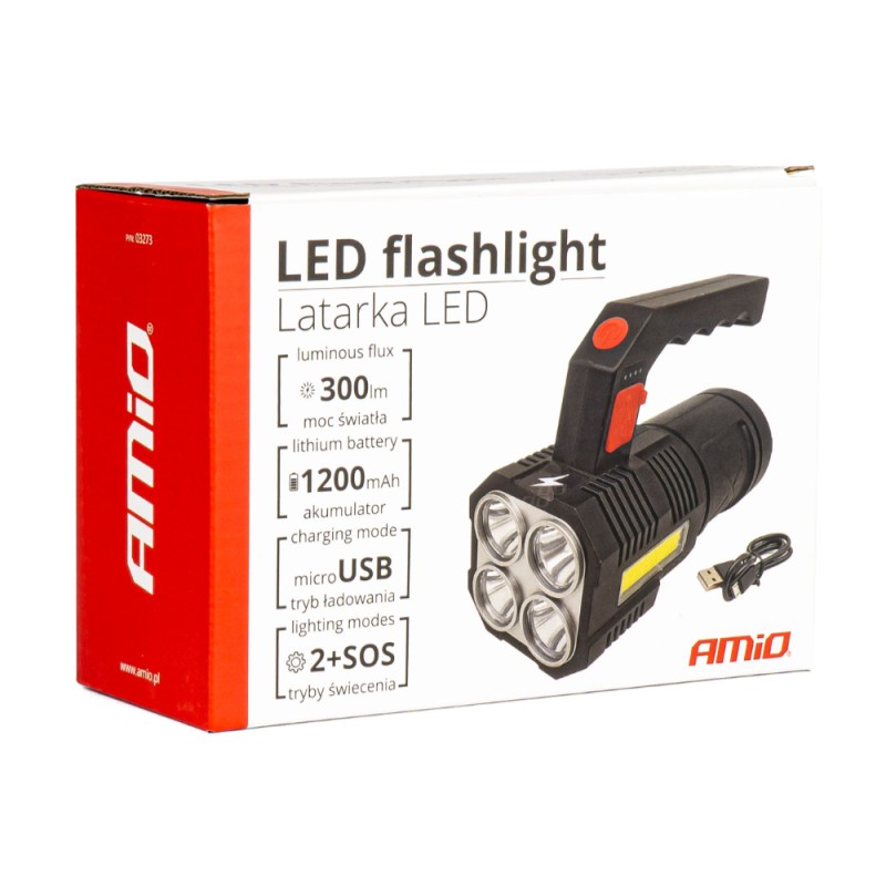ΦΑΚΟΣ ΧΕΙΡΟΣ 4LED+1COB 1.200mAh 300lm microUSB ΕΠΑΝΑΦΟΡΤΙΖΟΜΕΝΟΣ ΑMiO - 1 TEM. - Amio - 03273/AM
