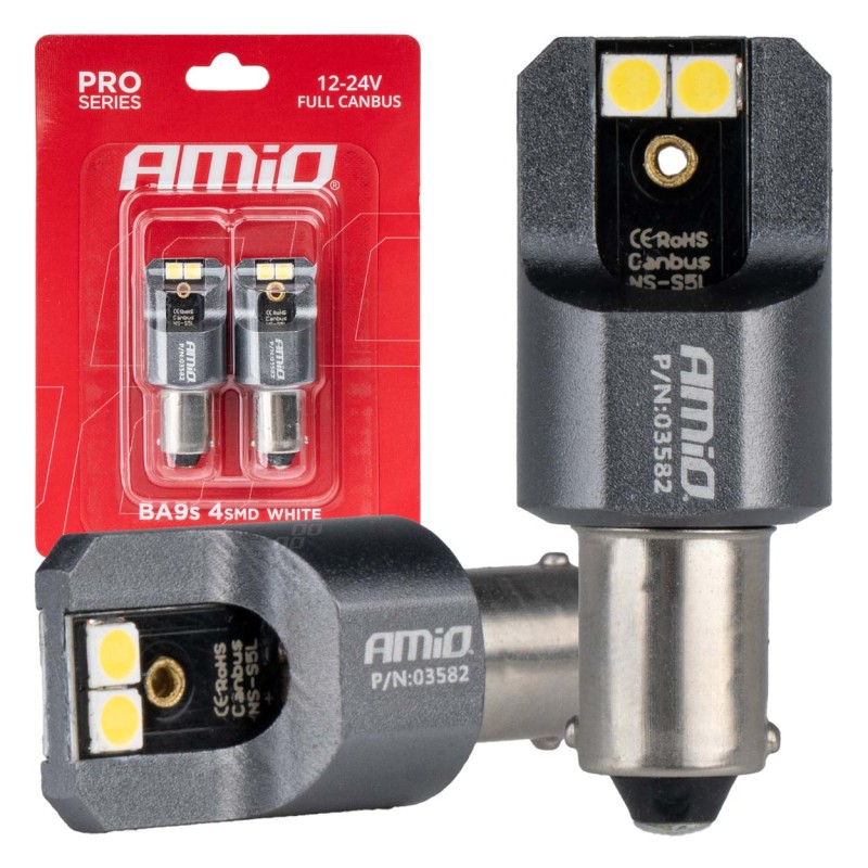 ΛΑΜΠΕΣ T4W BA9s 12/24V 6.000K 4xSMD LED FULL CAN-BUS ΛΕΥΚΟ 3030 PRO SERIES AMIO - 2 ΤΕΜ. - Amio - 03582/AM
