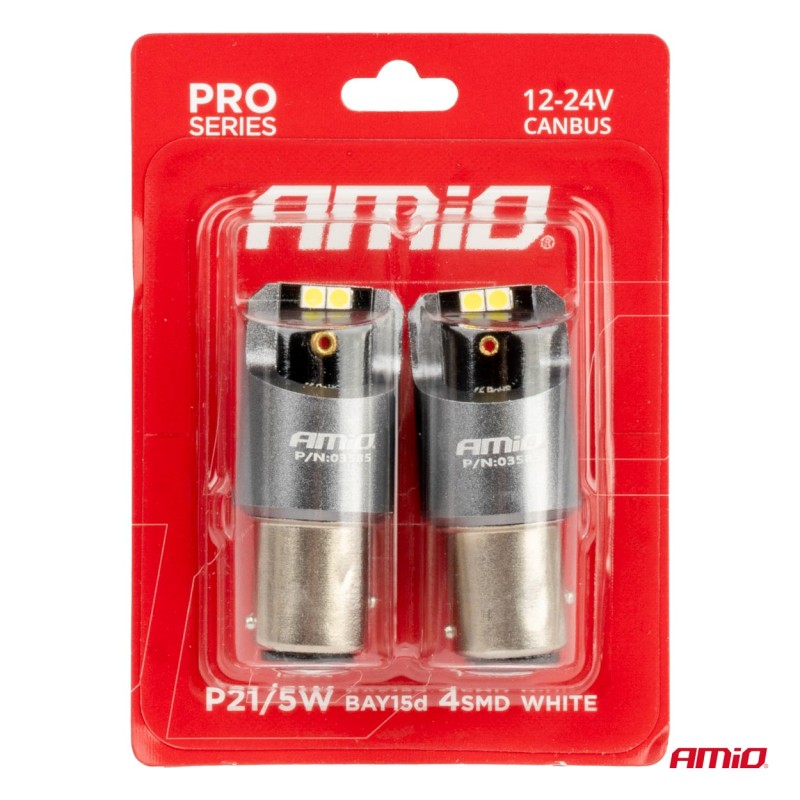 ΛΑΜΠΑΚΙΑ P21/5W BAY15d 12/24V 6.000K 4xSMD LED CAN-BUS ΛΕΥΚΟ PRO SERIES AMIO - 2 Τεμ. - Amio - 03585/AM ΛΑΜΠΑΚΙΑ P21/5W BAY15d 12/24V 6.000K 4xSMD LED CAN-BUS ΛΕΥΚΟ PRO SERIES AMIO - 2 Τεμ. - Amio - 03585/AM