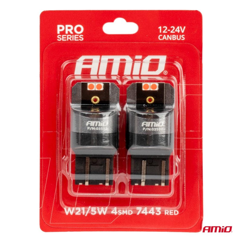 ΛΑΜΠΑΚΙΑ W21/5W 7443 12/24V 6.000K 4xSMD LED CAN-BUS ΚΟΚΚΙΝΟ PRO SERIES AMIO - 2 Τεμ. - Amio - 03592/AM