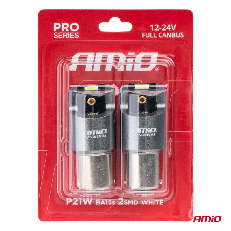 ΛΑΜΠΕΣ LED CAN-BUS P21W BA15S 12/24V 6.000K 2xSMD ΛΕΥΚΟ PRO SERIES AMIO - 2 ΤΕΜ.  - Amio - 03593/AM