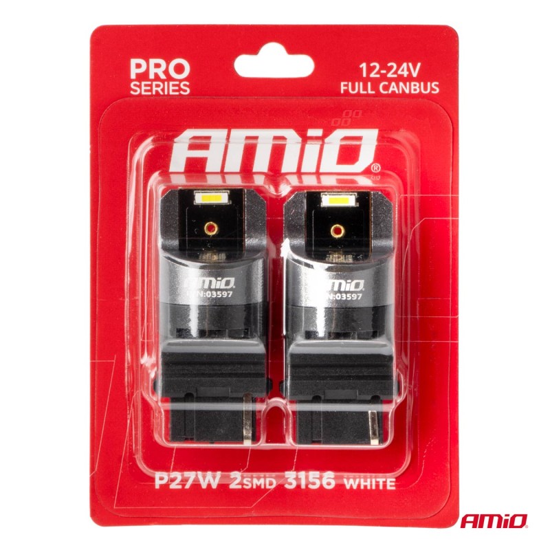 ΛΑΜΠΑΚΙΑ P27W 12/24V 6.000K 2SMD LED FULL CAN-BUS ΛΕΥΚΟ PRO SERIES AMIO - 2 Τεμ. - Amio - 03597/AM