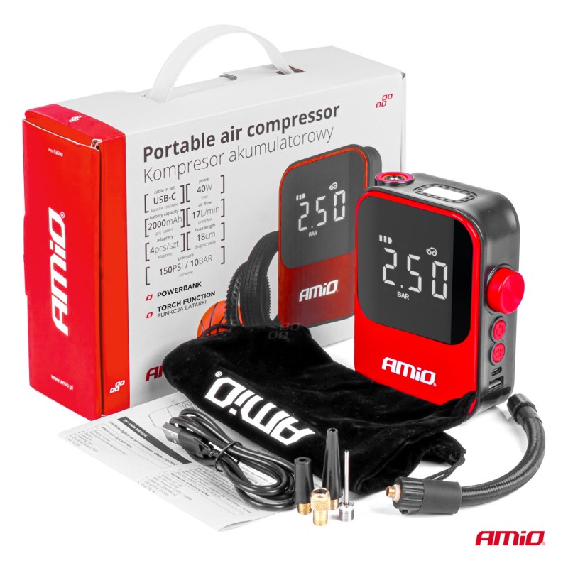ΚΟΜΠΡΕΣΕΡ ΑΕΡΑ 7,4V 10bar/150psi 40W ΦΟΡΤΙΣΗ ΜΕ USB / ΜΕ 5 ΑΝΤΑΠΤΟΡΕΣ ΚΑΙ ΨΗΦΙΑΚΗ ΕΝΔΕΙΞΗ AMIO - 1 Τεμ. - Amio - 03690/AM