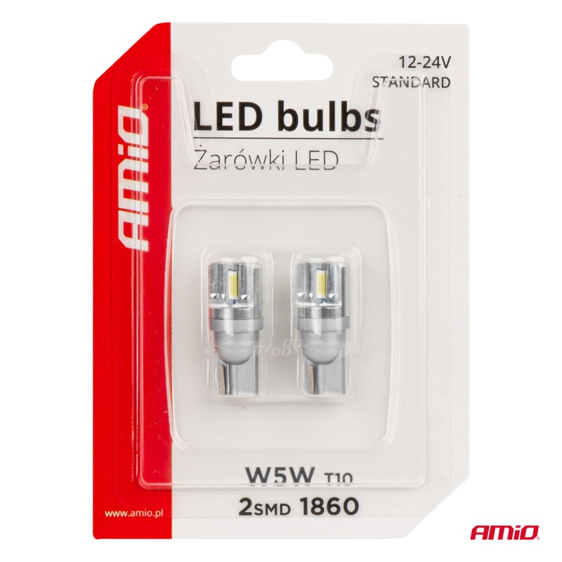 ΛΑΜΠΑΚΙΑ LED T10 W5W 12/24V LED 2x1860SMD STANDARD ΛΕΥΚΑ ΑΜΙΟ - 2 ΤΕΜ. - Amio - 03719/AM ΛΑΜΠΑΚΙΑ LED T10 W5W 12/24V LED 2x1860SMD STANDARD ΛΕΥΚΑ ΑΜΙΟ - 2 ΤΕΜ. - Amio - 03719/AM