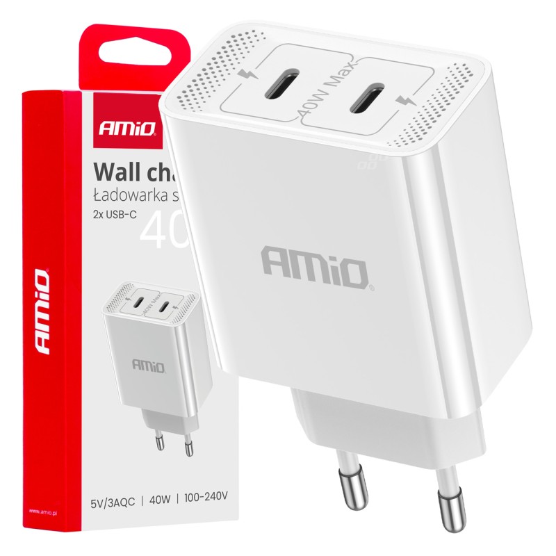 ΦΟΡΤΙΣΤΗΣ ΚΙΝΗΤΟY ΟΙΚΙΑΚΗ ΠΡΙΖΑ 2ΘΥΡΕΣ 2xUSB-C 40W 5V/3AQC ΛΕΥΚΟΣ  ΑΜΙΟ - 1 ΤΕΜ. - Amio - 03892/AM