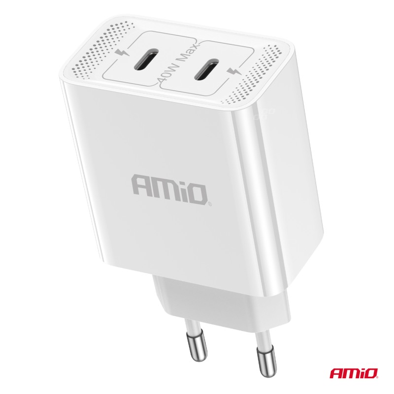 ΦΟΡΤΙΣΤΗΣ ΚΙΝΗΤΟY ΟΙΚΙΑΚΗ ΠΡΙΖΑ 2ΘΥΡΕΣ 2xUSB-C 40W 5V/3AQC ΛΕΥΚΟΣ  ΑΜΙΟ - 1 ΤΕΜ. - Amio - 03892/AM