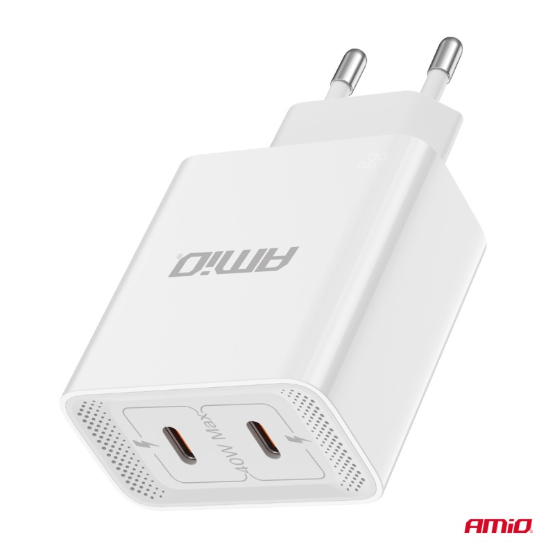 ΦΟΡΤΙΣΤΗΣ ΚΙΝΗΤΟY ΟΙΚΙΑΚΗ ΠΡΙΖΑ 2ΘΥΡΕΣ 2xUSB-C 40W 5V/3AQC ΛΕΥΚΟΣ  ΑΜΙΟ - 1 ΤΕΜ. - Amio - 03892/AM