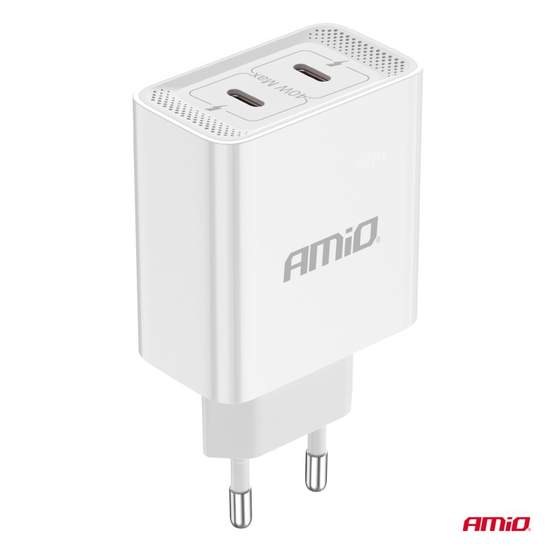 ΦΟΡΤΙΣΤΗΣ ΚΙΝΗΤΟY ΟΙΚΙΑΚΗ ΠΡΙΖΑ 2ΘΥΡΕΣ 2xUSB-C 40W 5V/3AQC ΛΕΥΚΟΣ  ΑΜΙΟ - 1 ΤΕΜ. - Amio - 03892/AM