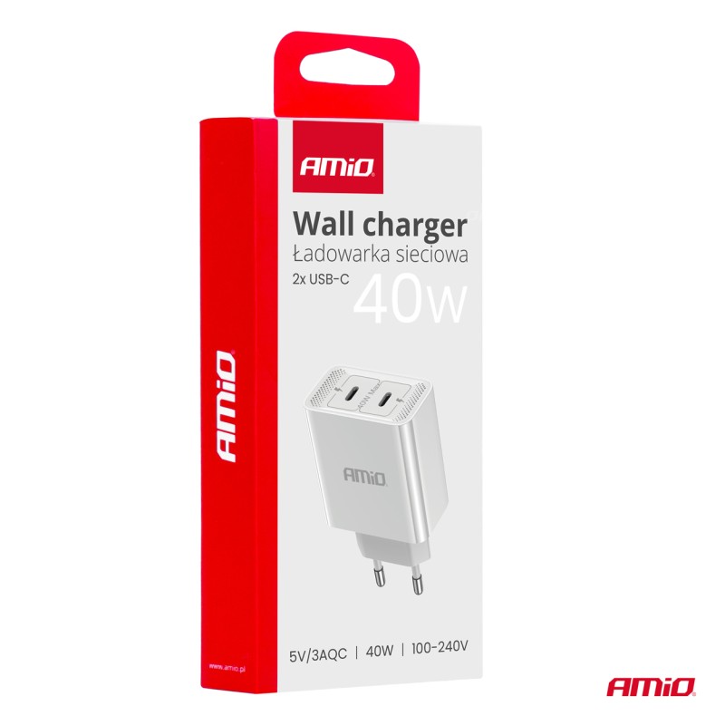 ΦΟΡΤΙΣΤΗΣ ΚΙΝΗΤΟY ΟΙΚΙΑΚΗ ΠΡΙΖΑ 2ΘΥΡΕΣ 2xUSB-C 40W 5V/3AQC ΛΕΥΚΟΣ  ΑΜΙΟ - 1 ΤΕΜ. - Amio - 03892/AM
