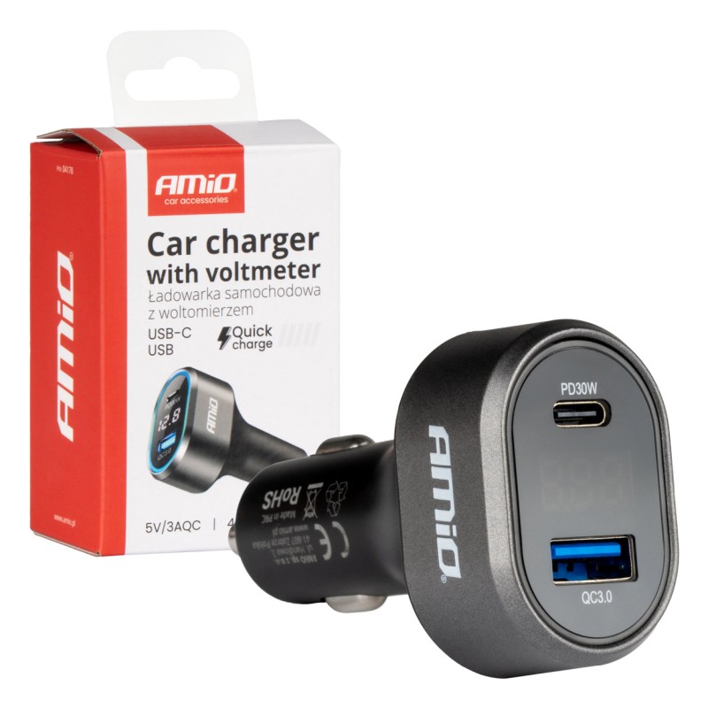 ΦΟΡΤΙΣΤΗΣ ΑΝΑΠΤΗΡΑ ΜΕ 2 ΘΥΡΕΣ USB-C+USB-A QUICK CHARGE 3.0 30W ΜΕ ΒΟΛΤΟΜΕΤΡΟ ΜΑΥΡΟ AMIO - 1 Τεμ. - Amio - 04178/AM