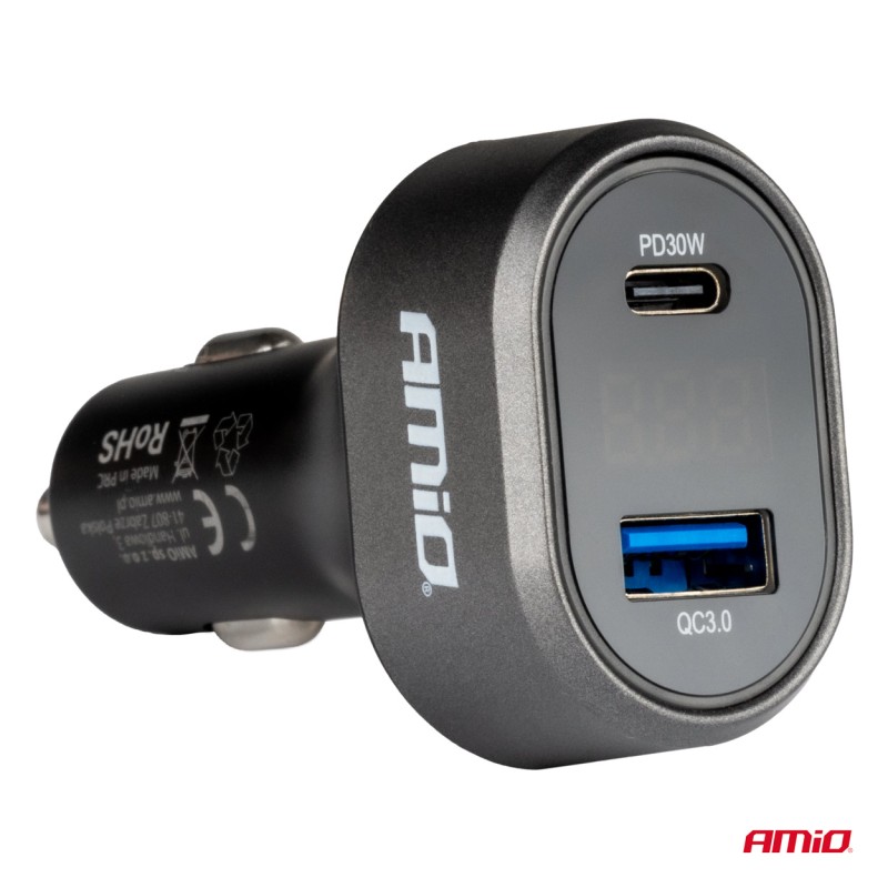ΦΟΡΤΙΣΤΗΣ ΑΝΑΠΤΗΡΑ ΜΕ 2 ΘΥΡΕΣ USB-C+USB-A QUICK CHARGE 3.0 30W ΜΕ ΒΟΛΤΟΜΕΤΡΟ ΜΑΥΡΟ AMIO - 1 Τεμ. - Amio - 04178/AM