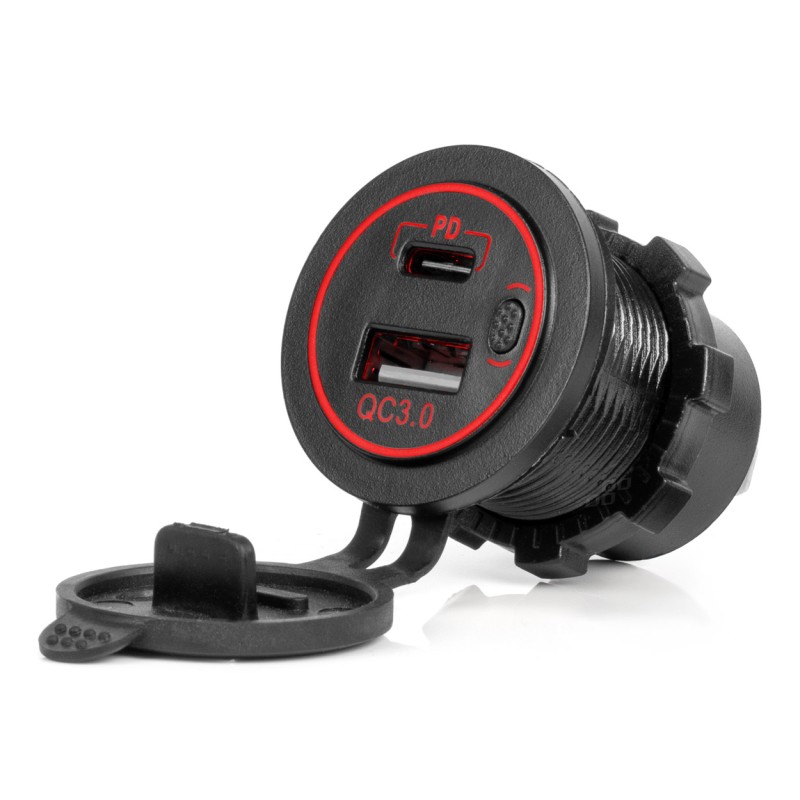 ΠΡΙΖΑ ΜΕ 2 ΘΥΡΕΣ USB ΚΑΙ ΚΑΠΑΚΙ 12/24V QUICK CHARGE 3.0 ΑΔΙΑΒΡΟΧΗ ΜΕ ΚΟΚΚΙΝΟ LED ΦΩΣ ΜΑΥΡΗ ΑΜΙΟ - 1 τεμ. - Amio - 04221/AM