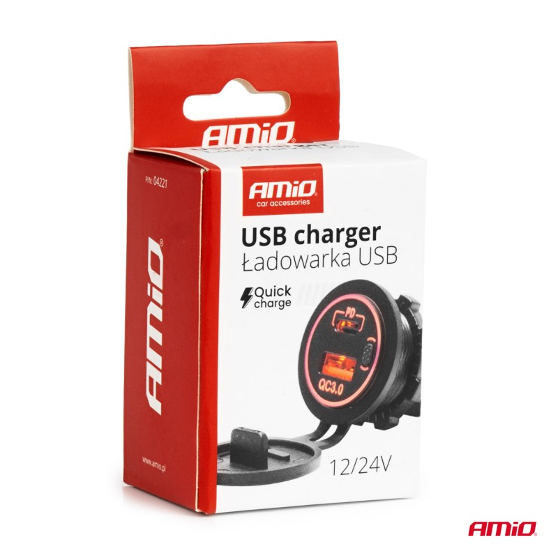ΠΡΙΖΑ ΜΕ 2 ΘΥΡΕΣ USB ΚΑΙ ΚΑΠΑΚΙ 12/24V QUICK CHARGE 3.0 ΑΔΙΑΒΡΟΧΗ ΜΕ ΚΟΚΚΙΝΟ LED ΦΩΣ ΜΑΥΡΗ ΑΜΙΟ - 1 τεμ. - Amio - 04221/AM
