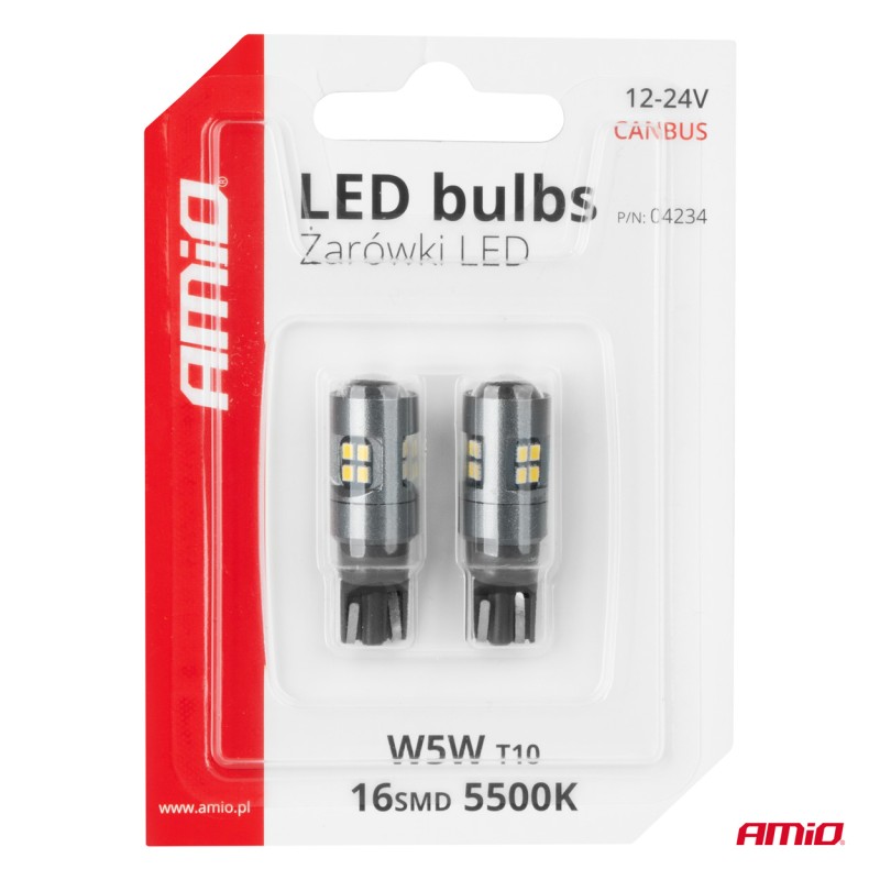 ΛΑΜΠΑΚΙΑ T10 W5W 12V/24V LED CAN-BUS 16xSMD 2016 ΛΕΥΚΟ ΦΩΣ 5.500K (ΣΕ ΧΡΩΜΑ ΧΡΩΜΙΟΥ) AMIO -  2 ΤΕΜ. - Amio - 04234/AM
