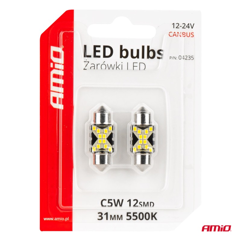ΛΑΜΠΑΚΙΑ ΠΛΑΦΟΝΙΕΡΑΣ 31mm 12/24V C5W 5500K 12xSMD 2016 CAN-BUS FESTOON (ΛΕΥΚΟ) ΑΜΙΟ - 2 ΤΕΜ. - Amio - 04235/AM ΛΑΜΠΑΚΙΑ ΠΛΑΦΟΝΙΕΡΑΣ 31mm 12/24V C5W 5500K 12xSMD 2016 CAN-BUS FESTOON (ΛΕΥΚΟ) ΑΜΙΟ - 2 ΤΕΜ. - Amio - 04235/AM