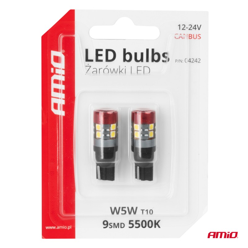 ΛΑΜΠΑΚΙΑ LED T10 W5W 12V/24V LED CAN-BUS 9xSMD 3030 ΛΕΥΚΟ ΦΩΣ 5.500K (ΣΕ ΧΡΩΜΑ ΚΟΚΚΙΝΟ-ΜΑΥΡΟ) AMIO - 2 ΤΕΜ. - Amio - 04242/AM
