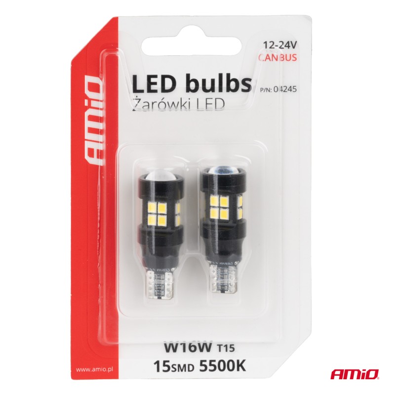 ΛΑΜΠΑΚΙΑ LED T15 W16W 12V/24V LED CAN-BUS 15xSMD 2835 ΛΕΥΚΟ ΦΩΣ 5.500K (ΣΕ ΧΡΩΜΑ ΜΑΥΡΟ) AMIO - 2 ΤΕΜ. - Amio - 04245/AM