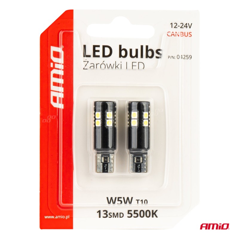 ΛΑΜΠΑΚΙΑ T10 W5W 12V/24V LED CAN-BUS 13xSMD 3030 ΛΕΥΚΟ 5500K ΑΜΙΟ - 2 ΤΕΜ. - Amio - 04259/AM