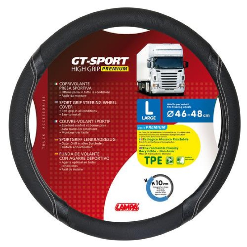 Κάλυμμα Τιμονιού Φορτηγού GT-SPORT Μαύρο με Ασημί Ραφή - 46/48 cm Large - Lampa - L9800.9 Κάλυμμα Τιμονιού Φορτηγού GT-SPORT Μαύρο με Ασημί Ραφή - 46/48 cm Large - Lampa - L9800.9