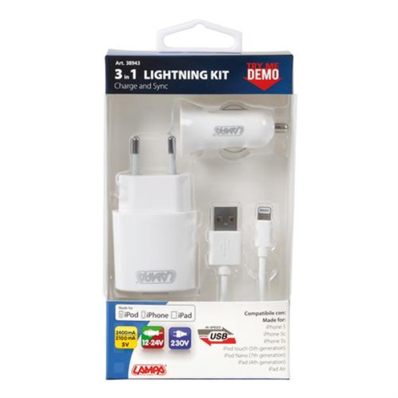 Καλώδιο Φορτισης / Συγχρονισμού USB για Apple 100cm 8pin με αντάπτορα USB αναπτήρα 12V/24V και αντάπτορα 220V - Lampa - L3894.3/T Καλώδιο Φορτισης / Συγχρονισμού USB για Apple 100cm 8pin με αντάπτορα USB αναπτήρα 12V/24V και αντάπτορα 220V - Lampa - L3894.3/T