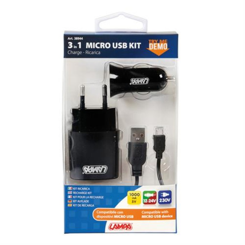 Καλώδιο Φορτισης MICRO USB 100cm με αντάπτορα USB αναπτήρα 12V/24V και αντάπτορα 220V - Lampa - L3894.4/T Καλώδιο Φορτισης MICRO USB 100cm με αντάπτορα USB αναπτήρα 12V/24V και αντάπτορα 220V - Lampa - L3894.4/T