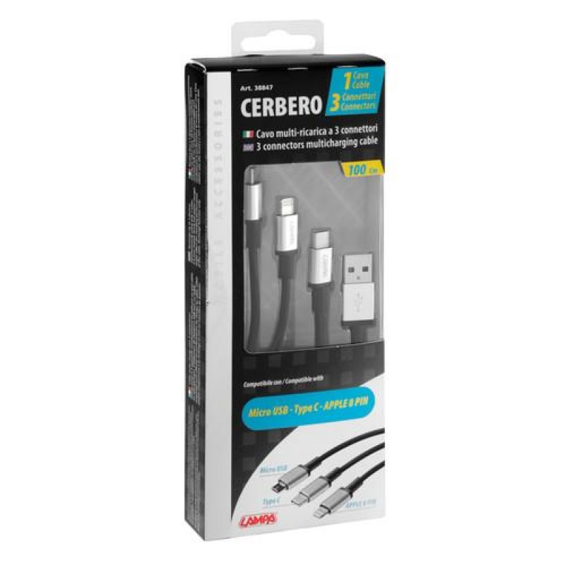 ΚΑΛΩΔΙΟ USB ΦΟΡΤΙΣΗΣ CERBERO 100 cm (3 ΑΝΤΑΠΤΟΡΕΣ TYPE C/APPLE/MICRO USB - 8 PIN) SILVER LINE - Lampa - L3884.7/T ΚΑΛΩΔΙΟ USB ΦΟΡΤΙΣΗΣ CERBERO 100 cm (3 ΑΝΤΑΠΤΟΡΕΣ TYPE C/APPLE/MICRO USB - 8 PIN) SILVER LINE - Lampa - L3884.7/T