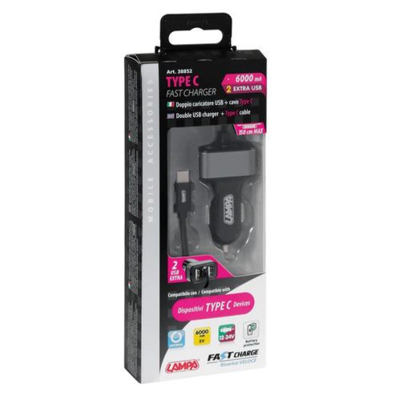 ΑΝΤΑΠΤΟΡΑΣ ΑΝΑΠΤΗΡΑ SILVER LINE 12/24V - 6000mA (2 USB ΚΑΙ ΚΑΛΩΔΙΟ ΦΟΡΤΙΣΗΣ TYPE C) - 150 cm - Lampa - L3885.2/T ΑΝΤΑΠΤΟΡΑΣ ΑΝΑΠΤΗΡΑ SILVER LINE 12/24V - 6000mA (2 USB ΚΑΙ ΚΑΛΩΔΙΟ ΦΟΡΤΙΣΗΣ TYPE C) - 150 cm - Lampa - L3885.2/T