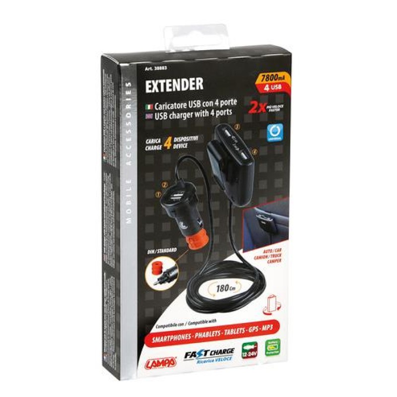 ΦΟΡΤΙΣΤΗΣ ΑΝΤΑΠΤΟΡΑΣ ΑΝΑΠΤΗΡΑ 4USB 12/24V ΜΕ ΚΑΛΩΔΙΟ 180cm 7800mA FAST CHARGE EXTENDER - Lampa - L3888.3/T ΦΟΡΤΙΣΤΗΣ ΑΝΤΑΠΤΟΡΑΣ ΑΝΑΠΤΗΡΑ 4USB 12/24V ΜΕ ΚΑΛΩΔΙΟ 180cm 7800mA FAST CHARGE EXTENDER - Lampa - L3888.3/T