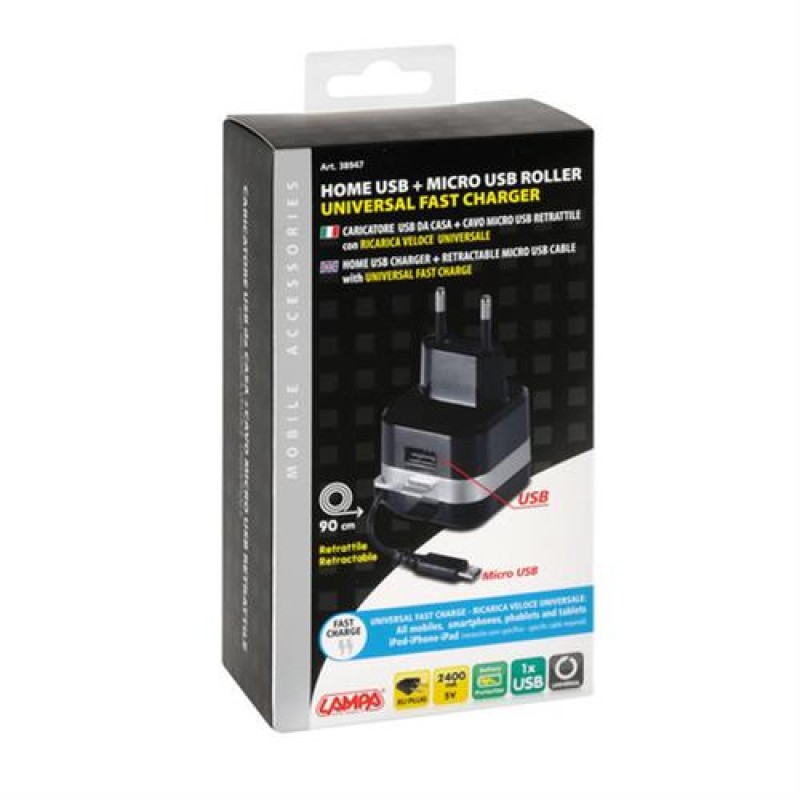 ΠΡΙΖΑ 230V 12 ΜΕ 1 USB ΚΑΙ ΚΑΛΩΔΙΟ ΦΟΡΤΙΣΗΣ MICRO USB 90cm 2400mA FAST CHARGER - Lampa - L3894.7/T ΠΡΙΖΑ 230V 12 ΜΕ 1 USB ΚΑΙ ΚΑΛΩΔΙΟ ΦΟΡΤΙΣΗΣ MICRO USB 90cm 2400mA FAST CHARGER - Lampa - L3894.7/T