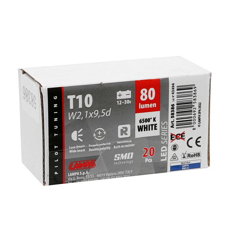 T10 W5W 12/30V W2,1x9,5d 80lm 5SMD LED ΛΕΥΚΟ (ΚΑΡΦΩΤΟ-ΤΡΙΠΛΟΕΣΤΙΑΚΟ- CAN-BUS) 20 ΤΕΜ. - Lampa - L5838.6