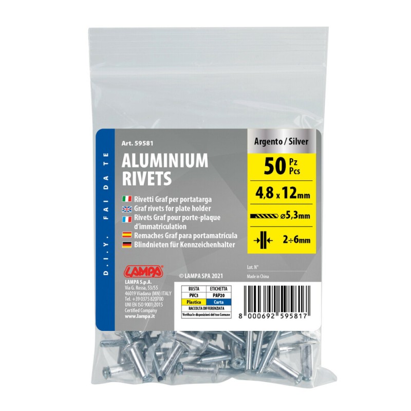 ΠΡΙΤΣΙΝΙΑ ΑΛΟΥΜΙΝΙΟΥ 4,8x12mm (ΒΑΘΟΣ ΤΡΥΠΑΣ 2-6mm/ ΕΣΩΤΕΡΙΚΗ ΔΙΑΜΕΤΡΟ 5,3mm) ΑΣΗΜΙ 50ΤΕΜ - Lampa - L5958.1