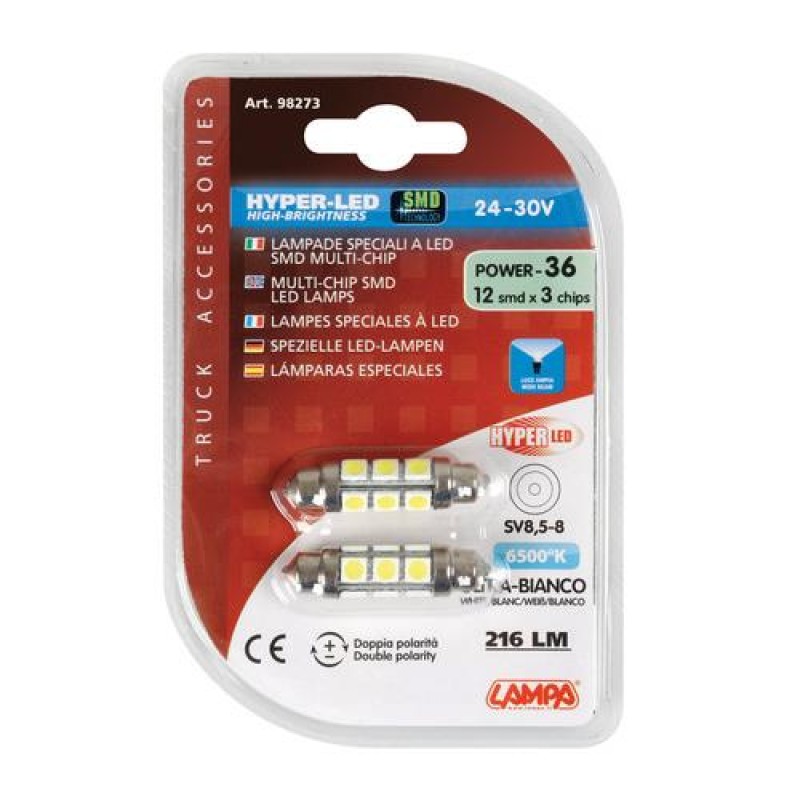 Λαμπάκια Πλαφονιέρας 24-30V SV8,5-8 10x41mm 216lm HYPER-LED (Διπλής Πολικότητας) BLISTER 2τεμ - Lampa - L9827.3 Λαμπάκια Πλαφονιέρας 24-30V SV8,5-8 10x41mm 216lm HYPER-LED (Διπλής Πολικότητας) BLISTER 2τεμ - Lampa - L9827.3