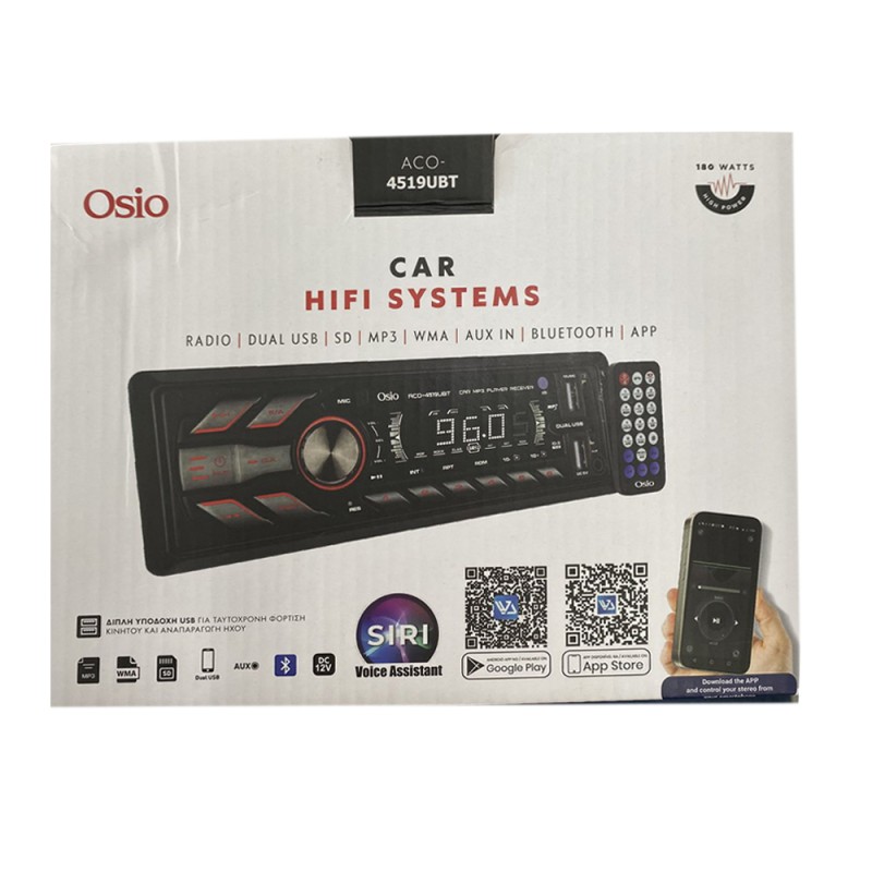 RADIO 1 DIN DUAL USB/FM/SD/MP3/WMA/BLUETOOTH 180W ΜΕ ΕΠΙΛΟΓΗ ΦΩΤΙΣΜΟΥ 3 ΧΡΩΜΑΤΩΝ & ΧΕΙΡΙΣΤΗΡΙΟ OSIO - 1 τεμ. - Osio - ACO-4519UBT/OSIO