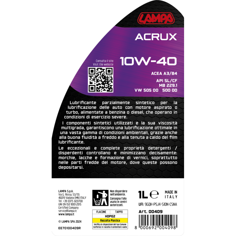 ΛΑΔΙ ΚΙΝΗΤΗΡΑ 10W-40 ACRUX ΗΜΙΣΥΝΘΕΤΙΚΟ GENERAL USE 1L LAMPA - 1 ΤΕΜ. - Lampa - L0040.9 ΛΑΔΙ ΚΙΝΗΤΗΡΑ 10W-40 ACRUX ΗΜΙΣΥΝΘΕΤΙΚΟ GENERAL USE 1L LAMPA - 1 ΤΕΜ. - Lampa - L0040.9