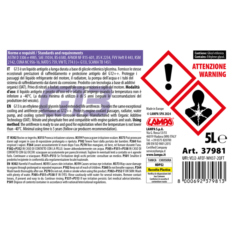 ΑΝΤΙΨΥΚΤΙΚΟ/ΠΑΡΑΦΛΟΥ PREMIUM SERIES G13 VIOLA -40°C>+110°C 5L - 1 ΤΕΜ. - Lampa - L3798.1 ΑΝΤΙΨΥΚΤΙΚΟ/ΠΑΡΑΦΛΟΥ PREMIUM SERIES G13 VIOLA -40°C>+110°C 5L - 1 ΤΕΜ. - Lampa - L3798.1