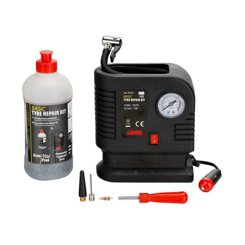 ΚΟΜΠΡΕΣΕΡ ΑΕΡΑ BASIC TYRE REPAIR KIT ΜΕ ΥΓΡΟ ΕΠΙΣΚΕΥΗΣ ΕΛΑΣΤΙΚΩΝ 500ml ΜΕ ΜΑΝΟΜΕΤΡΟ 12V 300cmΚΑΛΩΔΙΟ LAMPA - 1 Tεμ. - Lampa - L7217.2