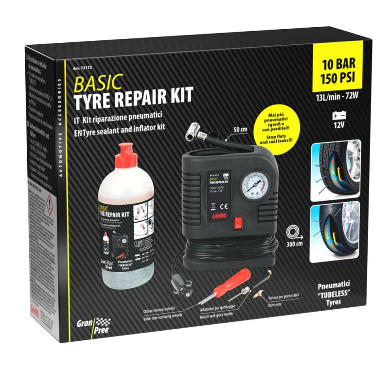 ΚΟΜΠΡΕΣΕΡ ΑΕΡΑ BASIC TYRE REPAIR KIT ΜΕ ΥΓΡΟ ΕΠΙΣΚΕΥΗΣ ΕΛΑΣΤΙΚΩΝ 500ml ΜΕ ΜΑΝΟΜΕΤΡΟ 12V 300cmΚΑΛΩΔΙΟ LAMPA - 1 Tεμ. - Lampa - L7217.2