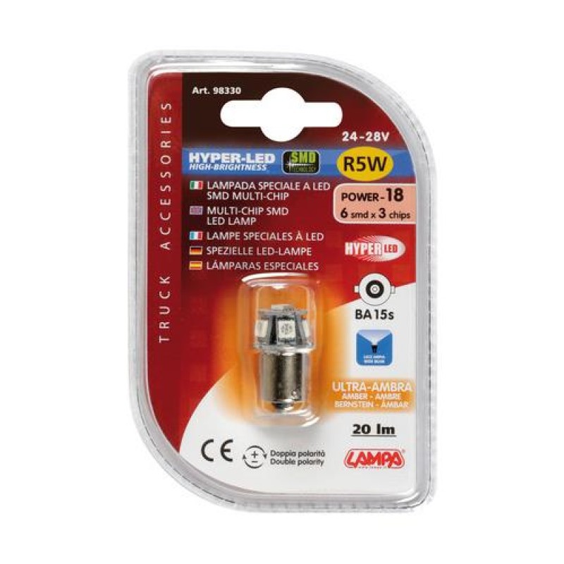 R5W 24V BA15s HYPER-LED18 ΠΟΡΤΟΚΑΛΙ 6SMDx3chips (ΜΟΝΟΠΟΛΙΚΟ-ΦΟΥΝΤΟΥΚΙ-) BLISTER 1ΤΕΜ. - Lampa - L9833.0 R5W 24V BA15s HYPER-LED18 ΠΟΡΤΟΚΑΛΙ 6SMDx3chips (ΜΟΝΟΠΟΛΙΚΟ-ΦΟΥΝΤΟΥΚΙ-) BLISTER 1ΤΕΜ. - Lampa - L9833.0