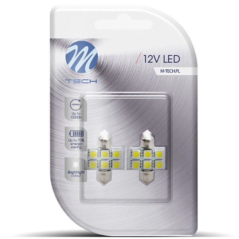 ΛΑΜΠΑΚΙΑ ΠΛΑΦΟΝΙΕΡΑΣ C5W/C10W 12V 1,44W SV8,5 31mm LED 6xSMD5050 ΛΕΥΚΟ 2ΤΕΜ. - M-Tech - LB027W/MT