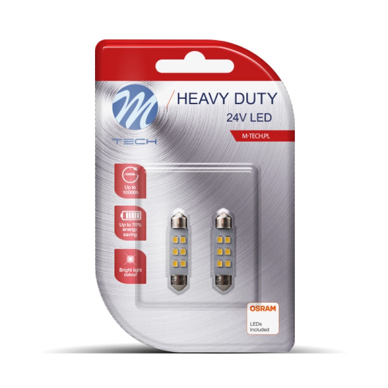 ΛΑΜΠΑΚΙΑ ΠΛΑΦΟΝΙΕΡΑΣ C5W 24V SV8,5 41mm OSRAM LED 6xSMD2835 ΛΕΥΚΟ HEAVY DUTY BLISTER 2ΤΕΜ. M-TECH - M-Tech - LB9105W/MT