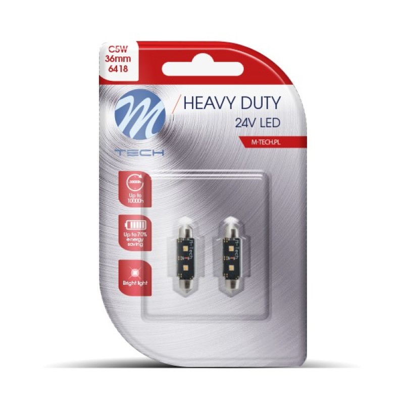 ΛΑΜΠΑΚΙΑ ΠΛΑΦΟΝΙΕΡΑΣ C5W 24V SV8,5 36mm 2xHP LED ΛΕΥΚΟ HEAVY DUTY BLISTER M-TECH - 2 Τεμ. - M-Tech - LB9813W/MT