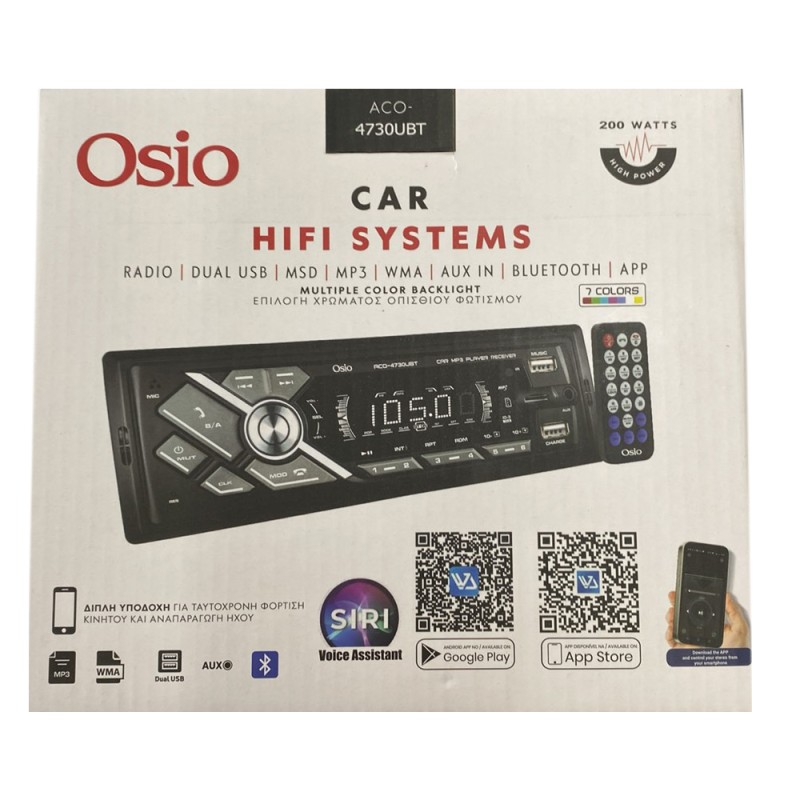 RADIO 1 DIN DUAL USB/FM/MSD/MP3/WMA/BLUETOOTH 200W ΜΕ ΕΠΙΛΟΓΗ ΦΩΤΙΣΜΟΥ 7 ΧΡΩΜΑΤΩΝ & ΧΕΙΡΙΣΤΗΡΙΟ OSIO - 1 τεμ. - Osio - ACO-4730UBT/OSIO