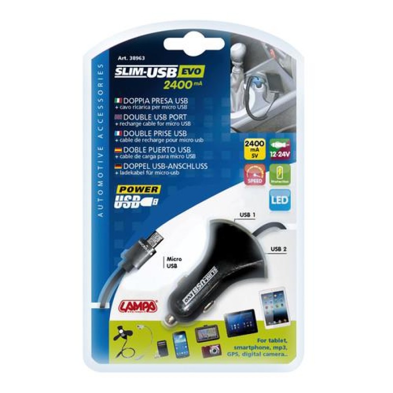 ΦΟΡΤΙΣΤΗΣ ΑΝΑΠΤΗΡΑ ΔΙΠΛΟΣ SLIM USB EVO ME ΚΑΛΩΔΙΟ 12/24V 2400mA - Lampa - L3896.3/T ΦΟΡΤΙΣΤΗΣ ΑΝΑΠΤΗΡΑ ΔΙΠΛΟΣ SLIM USB EVO ME ΚΑΛΩΔΙΟ 12/24V 2400mA - Lampa - L3896.3/T