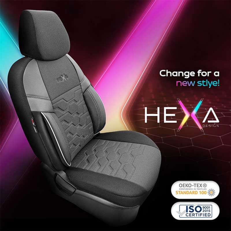 Καλύμματα Αυτοκινήτου Otom Hexa Design Universal Jacquard / Rachel / Δερματίνη Σετ Εμπρός / Πίσω Μαύρο - Γκρι HEX-2805 11 Τεμάχια