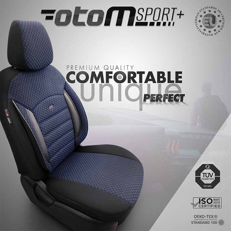 Καλύμματα Αυτοκινήτου Otom Sport Plus Design Universal Βαμβακερό Ύφασμα / Rachel / Δερματίνη Σετ Εμπρός / Πίσω Μαύρο - Μπλε SPTPLS-104 11 Τεμάχια