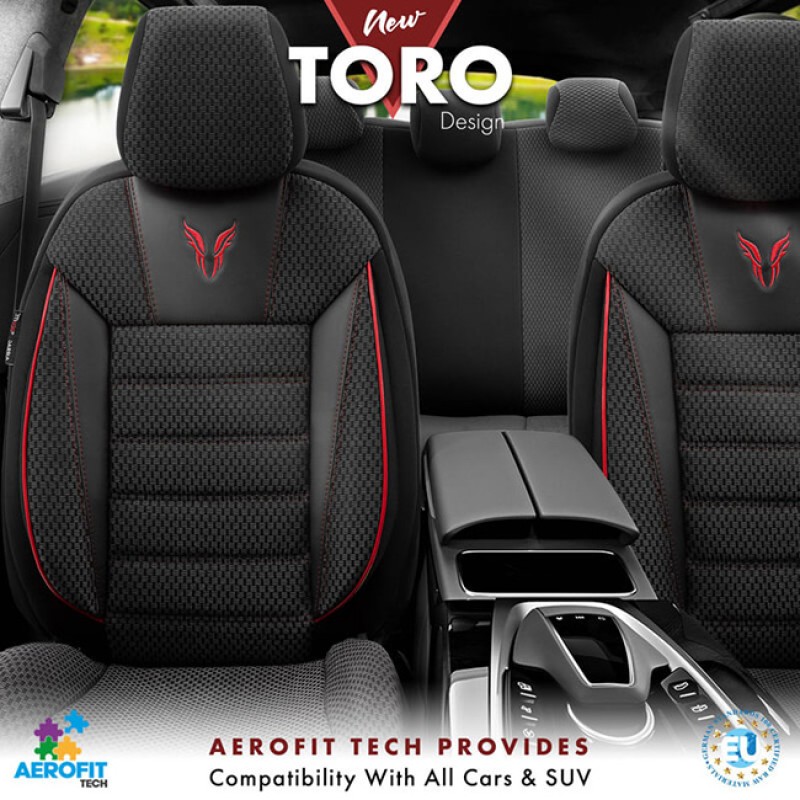 Καλύμματα Αυτοκινήτου Otom Toro Design Universal Βαμβακερό Ύφασμα / Δερματίνη Σετ Εμπρός / Πίσω Μαύρο - Κόκκινο ΤRΟ-901 11 Τεμάχια