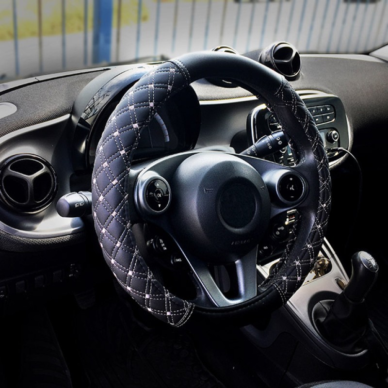 Κάλυμμα Τιμονιού Αυτοκινήτου Δερματίνη Elegant D Μαύρο Με Γκρι Ραφή Medium 38cm 1 Τεμάχιο