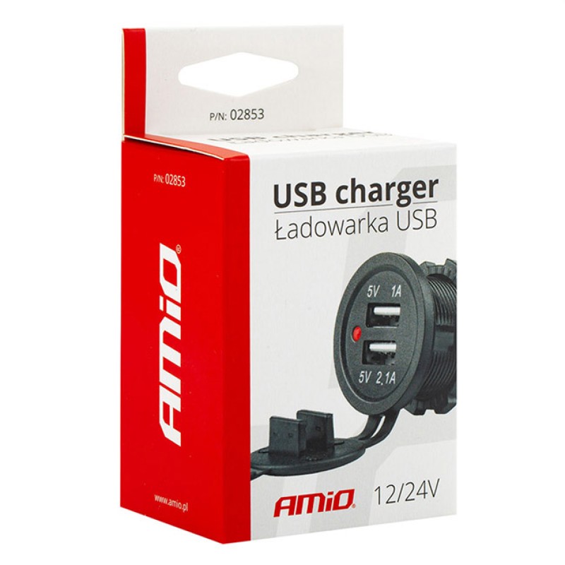 Σταθερή Θύρα Φόρτισης Usb Amio (02853) Με 2 Υποδοχές 12V & 24V Και Καπάκι 1 Τεμάχιο