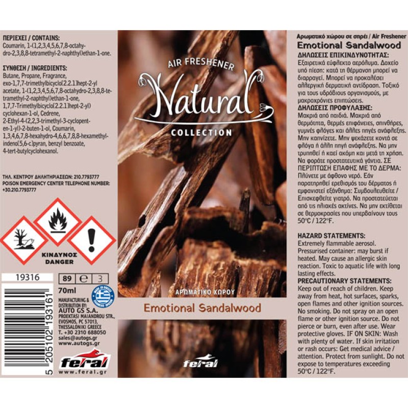 Αρωματικό Αυτοκινήτου Spray Feral Natural Collection Sandalwood 1 Τεμάχιο