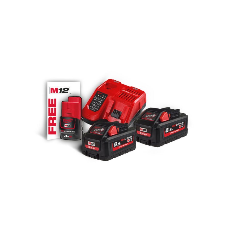 M18™ HIGH OUTPUT™ HNRG-552 2 BATTERIES HD18V 5.5 AH QUICK CHARGER M12-18FC + M12™ 3.0 AH BATTERY GIFT MILWAUKEE 4933464713